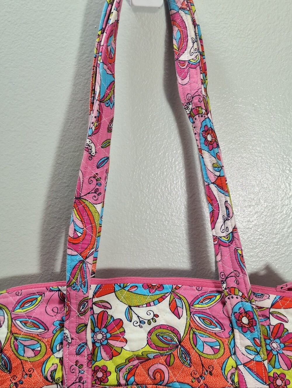 Handmade Quilted Cotton Tote Bag Purse 12X9 In Paisley Floral Pink Blue Pockets - Picture 5 of 16